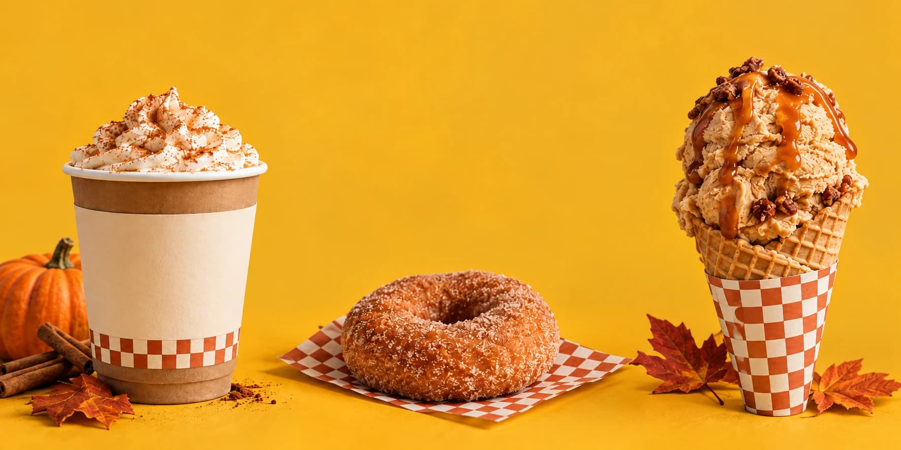 Coffee, a cinnamon sugar donut, and caramel ice cream surrounded by autumn leaves
